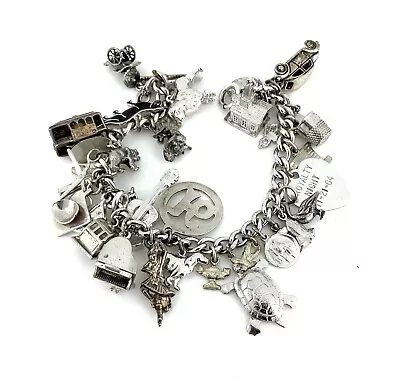 Vintage Charm Bracelet Loaded 36 Charms Sterling Silver Animals Music Travel + • $125