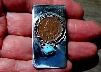 Vintage Navajo Handmade Sterling Silver & Turquoise Money Clip 1904 Indian Penny • $75