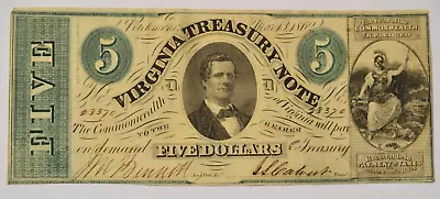 1862 Virginia Treasury $5 Note With CSA Watermark • $76.99
