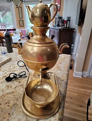 Antique Middle Eastern Brass Samovar W/ 2 Trays  Teapot Cups Spoons  & Tongs • $130