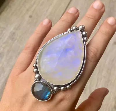 Double Stone Ring Large Moonstone And Labradorite Ring Women Boho Statement Ring • $20.24