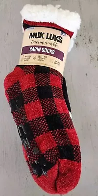 2 Pack Muk Luks Women's Cabin Socks Fully Lined Thick Red Plaid Black L/XL 8-10 • $14