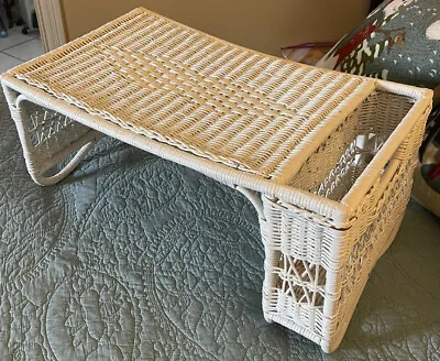 Vintage White Wicker Rattan Bed Tray Breakfast Tea Cottage Palm Beach Coastal • $64.99