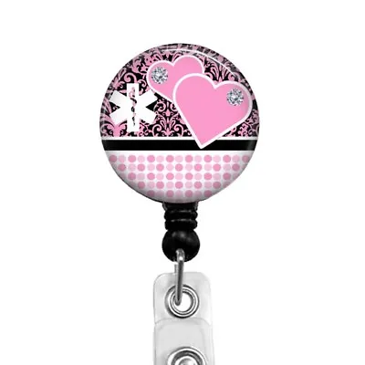 Diamond Studded Pink Hearts Badge Reel Retractable Badge ID Holder 422A • $10.95