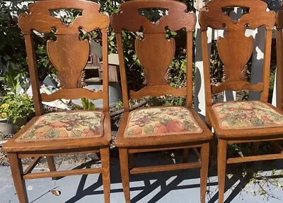 Antique Tiger Oak Upholstered Seat Dining Side Chairs Set Of 3 • $535