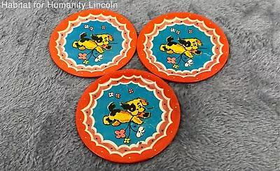 Antique/Vintage Tin Litho Tea Set Of 3 Plates With Puppy And Flower 1930's • $19.99