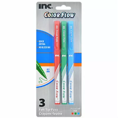 New Inc. Color Flow Felt Tip Pens .5 Mm Pack Of 3 (Red Blue Green Ink) ~ Qty 1 • $6.99