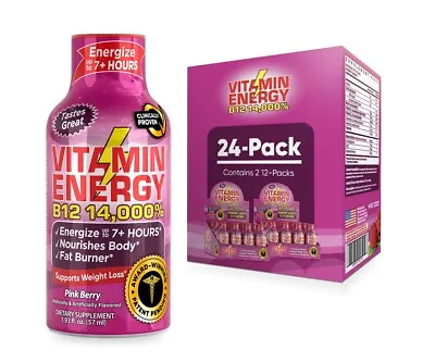 (24 Pack) Vitamin Energy® B12 14000% Pink Berry Energy Shots Clinically Proven • $49.95