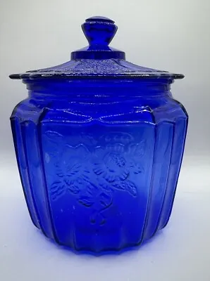 Mayfair Open Rose Cobalt Blue Glass Bisquit Jar With Lid Depression Style • $23.12