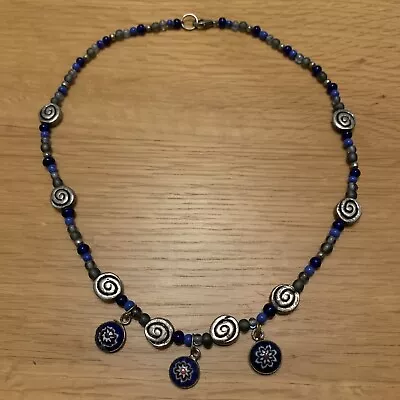 £9.99 • Buy Boho Necklace Hand Painted Beads Blue Nautical Matt Swirls