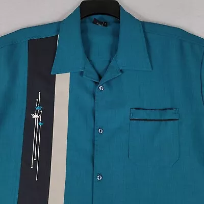 Steady Classics Shirt Mens Large Blue Teal Black Bowling Rockabilly Panel Crown  • $27.50