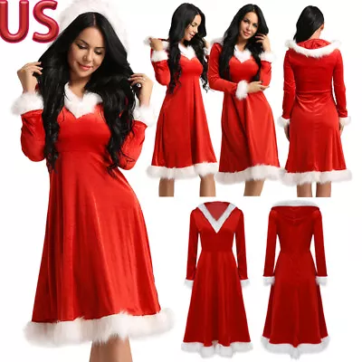 US Women's Mrs Santa Claus Costume Velvet Hooded Dress Christmas Party Fancy  • $7.35