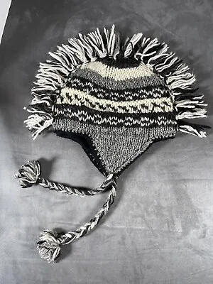 Mohawk Beanie Black White Tassel Braids Wool Handmade Nepal Snowboard Warm Hat • $32.50