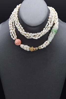 $9.50 • Buy Vintage Coral, Green Jade & Pearl Carved Crane Dragon Beaded Strand Necklace