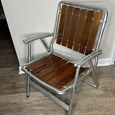 Vintage Redwood & Aluminum Folding Lawn Chair Wooden Slats W/Shotgun Arms • $48.99