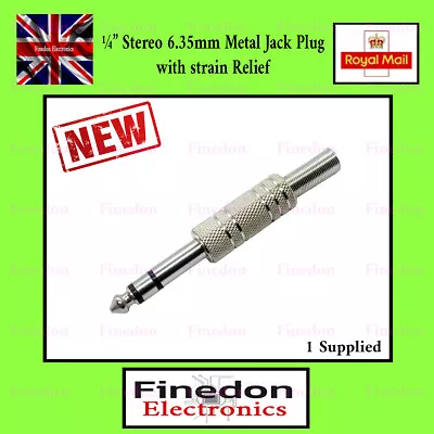 1/4  6.35mm Metal Stereo Headphone Jack Plug With Strain Relief UK Seller • £2.36