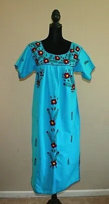 Vintage Oaxacan Mexican Dress Size Small Aqua Embroidred Floral Maxi Womens Vtg • $69.99