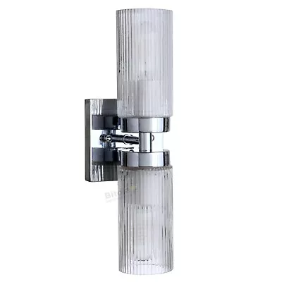 Lode Chester 2 Light Wall Lamp Sconce Ribbed Glass Shade Vanity Mirror Chrome • $129