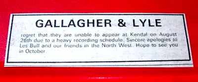 Gallagher And Lyle Kendal Gig Cancellation ORIG 1973 Press/Mag ADVERT 3.5 X 1  • £1.99