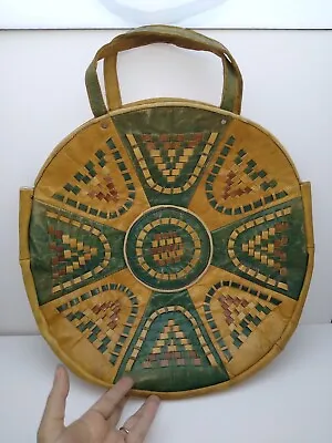 Vintage Circle Leather Woven Moroccan? Tote Handbag Green Brown Rust Tan 14x1.5 • $39.75