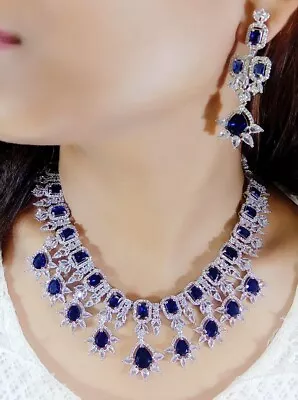 Indian Bollywood Silver Plated Ethnic AD CZ Jewelry Earrings Necklace Bridal Set • $32.55