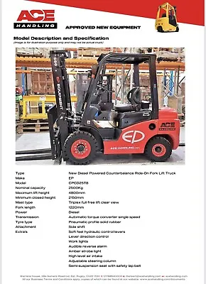 BRAND NEW EP CPCD25T8 Diesel 2.5t Forklift Hire-£89.99pw Buy-£17995 HP-£89.86pw • £89.99