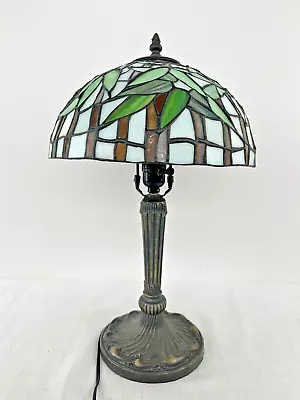 Vintage Tiffany Style Stained Glass Bamboo Table Lamp & Bronze Base 19.5  • $115