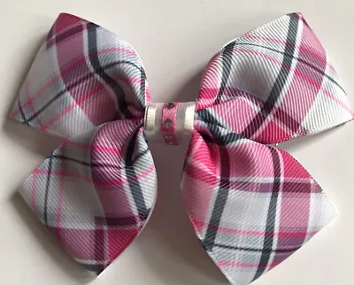 Girls Large Pink/White/Black Tartan H.Made  Ribbon School Hair Bow /Clasps /Clip • £3.99