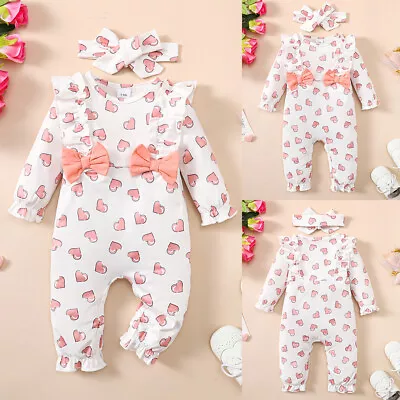 Baby Girls Heart Print Romper Bodysuit Jumpsuit Overall Headband Outfits Set UK • £6.29