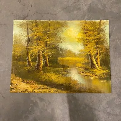 Vintage Oil Painting On Canvas Yellow Fall Trees Autumn River Scene 1960s Signed • $25