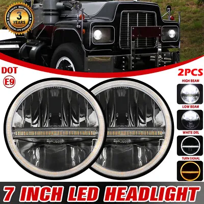 Pair 7  Round LED Headlights Halo DRL Hi/Lo Turn Signal Light For Mack R Truck • $110.49