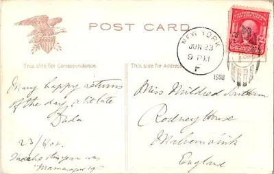 2c Washington Shield 1908 New York F PPC To Malvern England. • $10