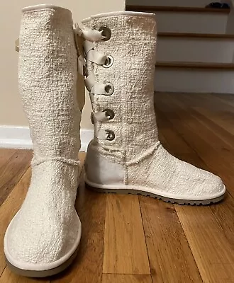 UGG Heirloom Oatmeal Beige Textile Leather Lace Up Boots US 7 • $100