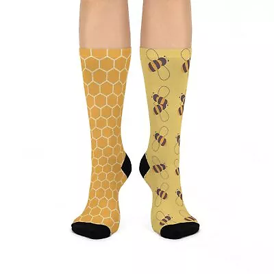 Honey Bee Cushioned Crew Socks Honeybee Socks Mismatched Bee Socks Honeycomb • $16.99