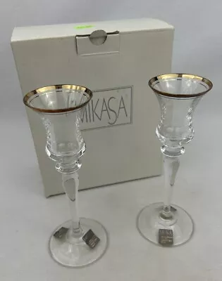 Set Of 2 Mikasa Jamestown Gold 3/4  Crystal Glass Candle Holders T2703-339 NIB • $24.85