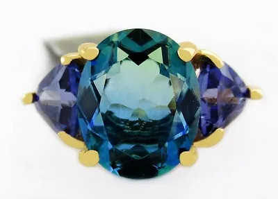 GENUINE 5.62 Cts FLOURITE & LAB CREATED TANZANITE RING 10K GOLD - New With Tag • £0.80