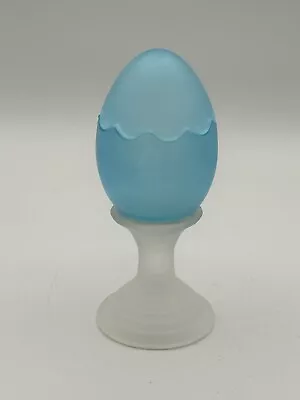 Frosted Glass Teal Egg Trinket Box On White Pedestal 6” Small Chip See Pictures • $11.89