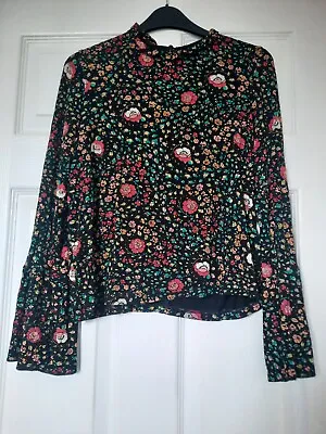 Topshop Petite 70s Style Blouse Top Black Size 10 Floral • £6