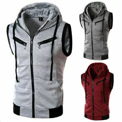 Mens Vest Sleeveless Hoodie Tank Tops Summer Gym Sport Muscle Hooded T-Shirt • £18.42