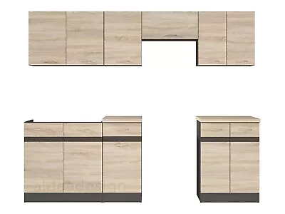 240cm Kitchen Set 7 Unit Wall & Base Cabinets+2 Worktops Sonoma Oak/Wenge Junona • £549