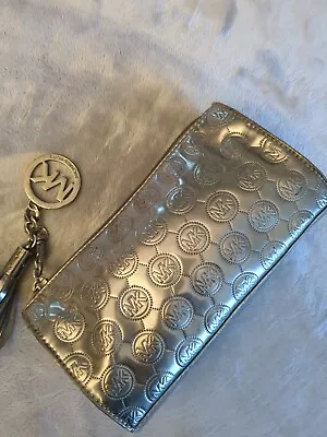 Michael Kors Women's Metallic Silver Pouch Make Up Case Signature Tassel Logo • $19.90