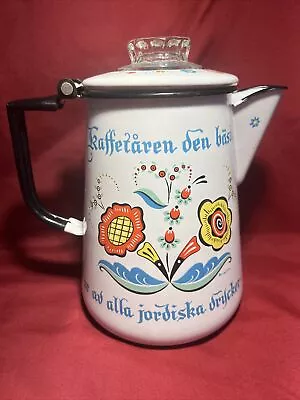 Vintage Berggren Floral Enamelware Hinged Lid Coffee Pot Swedish Folk Art • $32