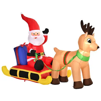 HOMCOM Inflatable Santa Claus With Sled And Reindeer Xmas Décor LED Lights • £37.99