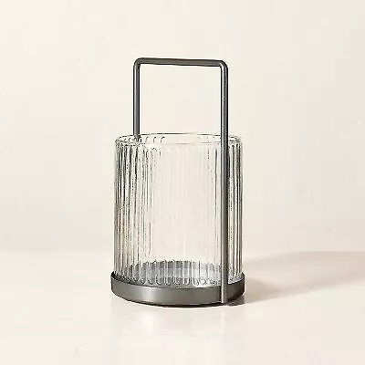 11  Ribbed Glass & Steel Pillar Candle Lantern Clear/Silver - Hearth & Hand • $13.99