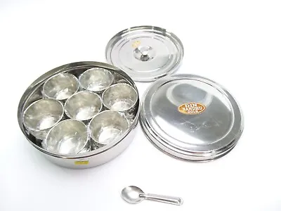 Vintage Din Bandhu Gold Stainless Steel 7.5” Masala Dabba Indian Spice Container • $41.95