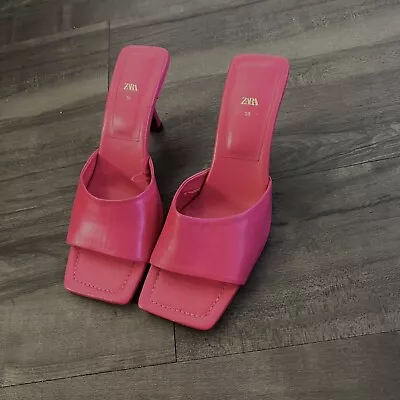New Zara Bright Pink Square Toe Leather Sandals  Size 7.5 - 38 • $49