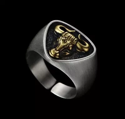 Gothic Mens Spanish Matador Zodiac Taurus Bull Head Ring Adjustable Size 7-15 • £6.89