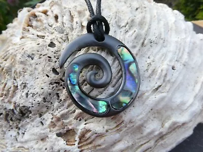 New Zealand Abalone Paua Maori Spiral Pendant 19  Cord Necklace Hematite Plated • £9.50