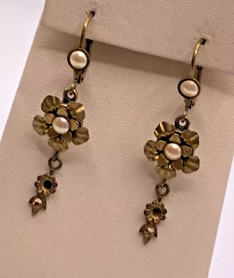 Vintage Gold Tone Faux Pearl Flower Drop Earrings • $9.49