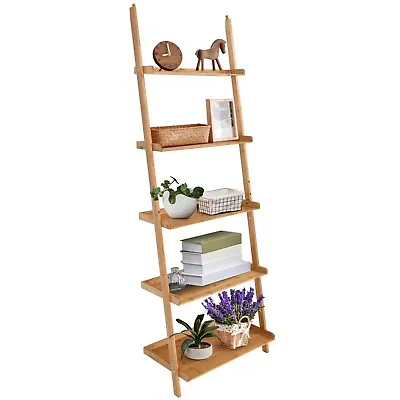 5-Tier Ladder Shelf Wall-Leaning Plant Stand Bamboo Storage Rack Display Shelf • £41.95